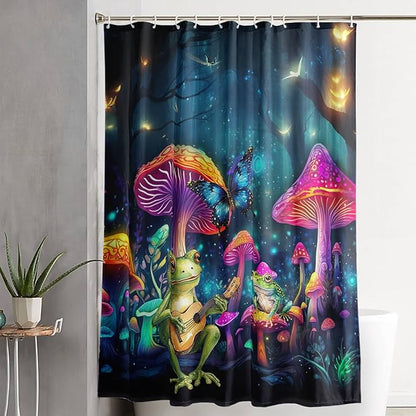 AILONEN Cartoon Frog Shower Curtain,Guitar Frog Fabric Shower Curtains for Bathroom,Magic Mushroom Weighted Polyester Cloth Bath Curtain Set,Mysterious Butterfly Bathroom Curtain,72" W*96" H