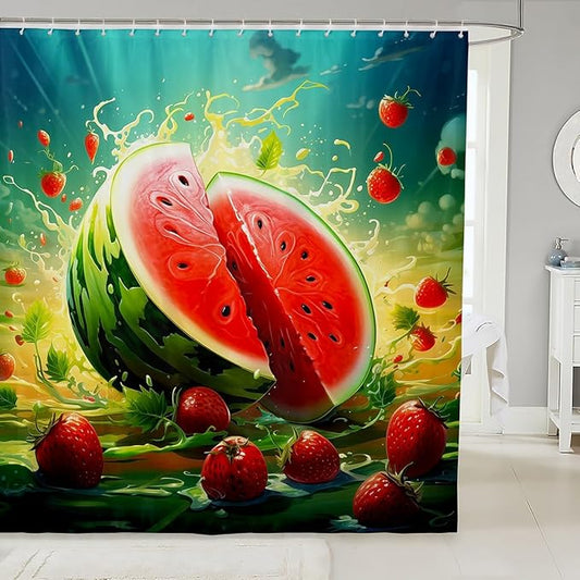Feelyou Watermelon Shower Curtain Strawberry Fabric Shower Curtain for Kids Boys Girls Fruit Bathroom Waterproof Accessories with 12 Hooks Summer Curtains,72x72 Inches
