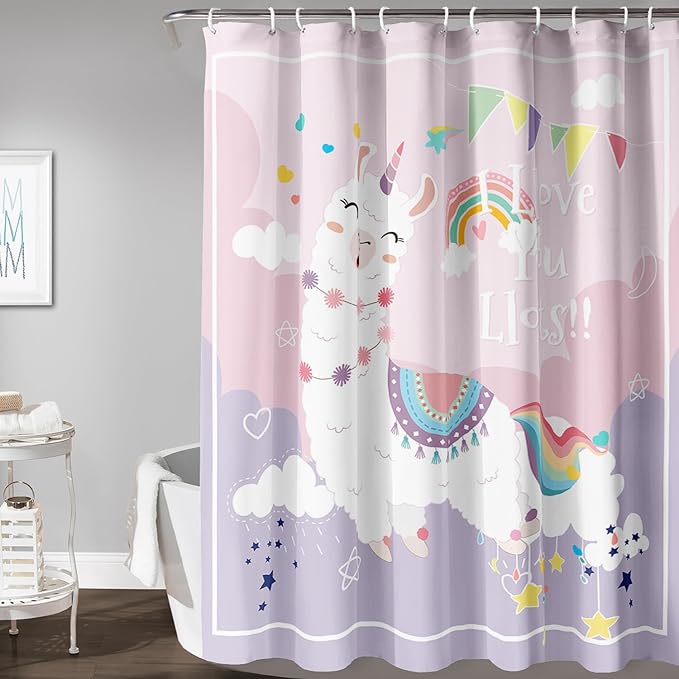 AILONEN Cute Llama Kids Shower Curtain for Girls,Happy Llama in Sky Clouds Print Bath Curtain 60" W*72" H,Kawaii Kids Bathroom Curtain Polyester Waterproof Girls Bathroom Curtain with 12 Hooks