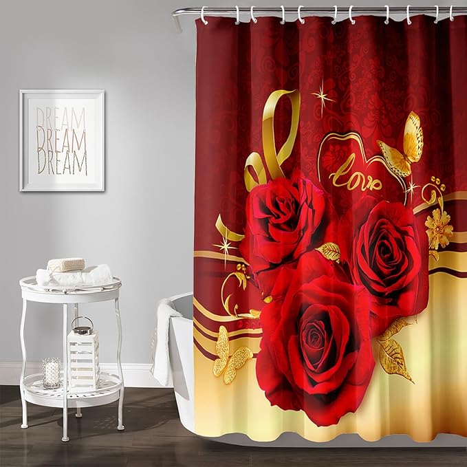 AILONEN Red and Gold Shower Curtain,Red Rose Hearts Printed Bath Curtain,Romantic Luxury Rose Flower Waterproof Curtain for Bathroom Decor 72" W x 72" H
