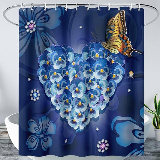 AILONEN Blue Floral Shower Curtain for Girls,Beautiful Butterfly Heart Flower Bath Curtain for Bathroom,Blue Print Polyester Waterproof with 12 Plastic Hooks,48" W*72" H Blue