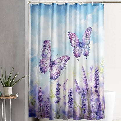 AILONEN Beautiful Butterfly Shower Curtain for Kids Girls Boys, Flying Butterfly Bath Curtains for Bathroom,Blossoming Lavender Flowers Shower Curtain Set with Hooks,60" W*72" H