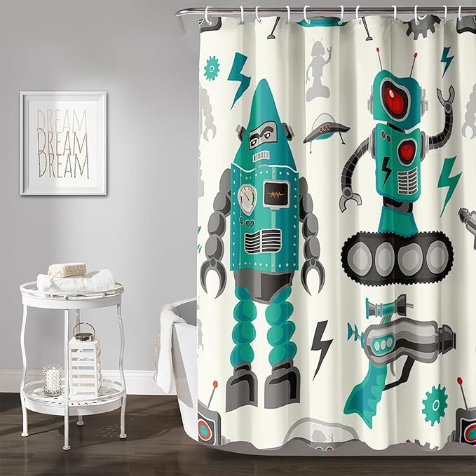 AILONEN Robot Shower Curtain,Cartoon Green Tank Robot Bathroom Decors, 60" W*72" H Logistic Robots Waterproof Shower Curtain for Boys Girls Teens Kids