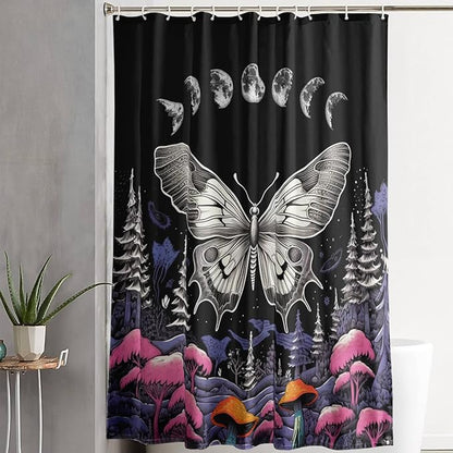 AILONEN Moth Shower Curtain for Kids Girls Boys, Boho Sun Moon with Mushroom Shower Curtains for Bathroom,Natural Plants Shower Curtain Set with Hooks,48" W*72" H