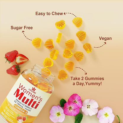 Womens Multivitamin Gummies, Sugar-Free Methylated Multivitamins w/D3 + K2, Vegan Omega 3, Algae Calcium, Daily Vitamin A C E B6 B12 Folate, Inositol, Minerals for Energy, Mood, Bone, Hormore, 60 Cts