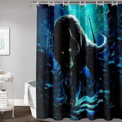 AILONEN Wolf Shower Curtain,Evening Moon Wolf Bath Curtain Gifts for Kids Boys Girls,Safari Wolf Polyester Waterproof with 12 Plastic Hooks 72" W*96" H
