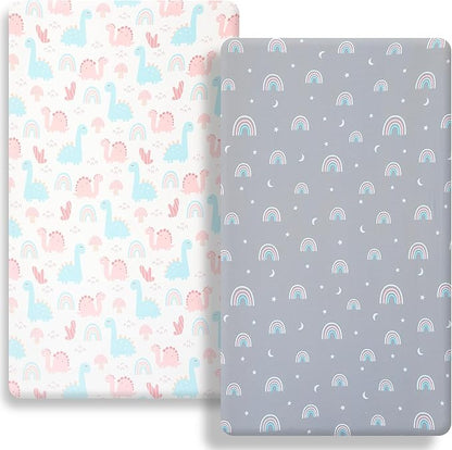 Pack n Play Fitted Sheet .2 Piece Mini Crib Sheet Stretch Playard Sheet Portable Sheet Set. Elastic Convertible Playard Sheet Set Compatible with Graco Pack n Play (Rainbow and Dinosaur Park)