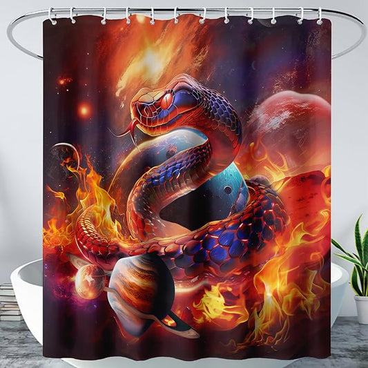 AILONEN 3D Snake Shower Curtain for Boys,Flame Fire Planet Snake Bath Curtain for Bathroom Decor,Safari Animal Polyester Waterproof for Shower, 72" W*84" H with 12 Plastic Hooks