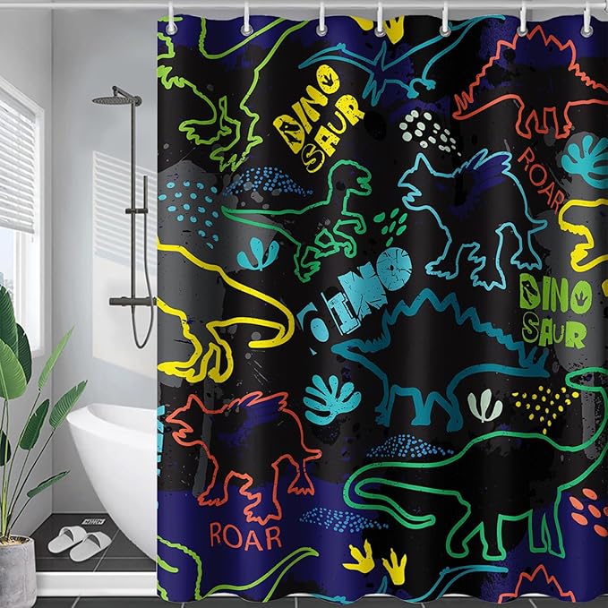 AILONEN Cartoon Dinosaur Shower Curtain 72" W*78" H for Bathroom,Teen Boys Dinosaur Bathroom Shower,Roaring Dinosaur Silhouette Boys Shower Curtain Polyester Waterproof Bath Curtain with 12 Hooks