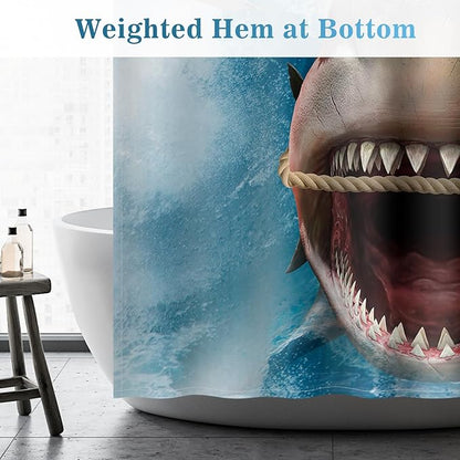 Aimego Funny Cat Shower Curtains - Cute Cool Cat Riding Shark Ocean Wave Fun Bath Shower Curtain Set with 12 Hooks for Adults Kids Bathroom Decor Accessories, 72"x72"