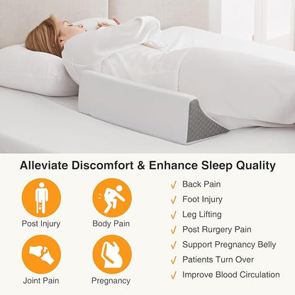 Side Wedge Pillow for Sleeping, Versatile Bed Wedge Back Pillow for Pregnancy, Back Pain, Leg Elevation and Side Sleepers, Memory Foam Body Positioner with Cover, Anti-Slip Base, White/Grey