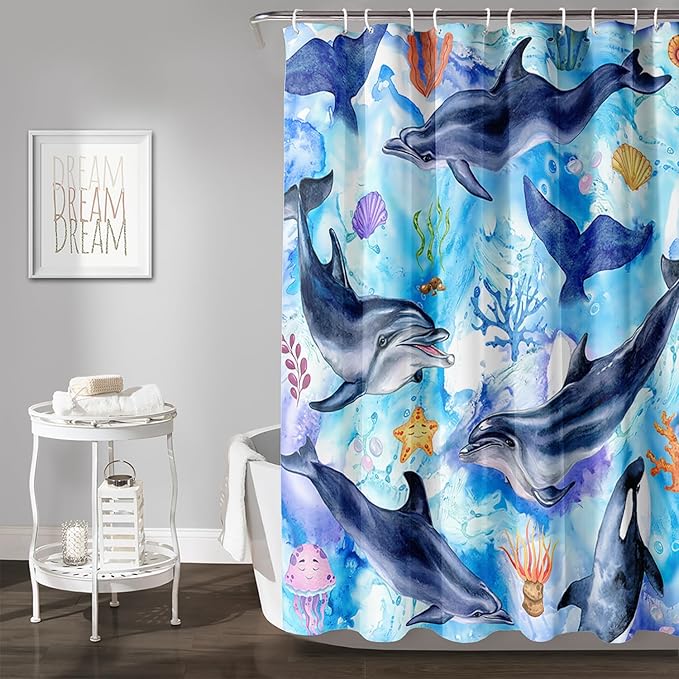 AILONEN Cute Cartoon Whale Shower Curtain,Kawaii Marine Animal Whale Bathroom Curtain for Kids Girls Boys,Blue Tie Dye Bath Curtain Set,Seaweed Fabric Shower Curtains for Bathroom, 72" W*78" H
