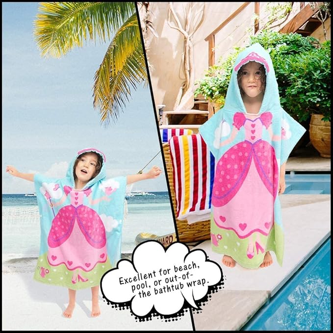 Hooded Bath Towels for Girls Kids Toddlers Children 2 to 6 Years Old Cotton Ultra Soft Absorbent Poncho Beach Towel for Pool Swim Pink Large Size 24"x 47" in Full-Length (Lovely Princess