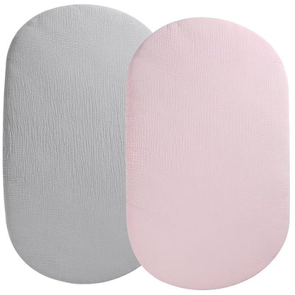 Muslin Bassinet Sheet Compatible with Snoo Smart Sleeper, Dream On Me Lacy Portable, Safety 1st Sleeper Bassinet, 2 Pack Cotton Fitted Bassinet Sheets for Baby Grey & Pink