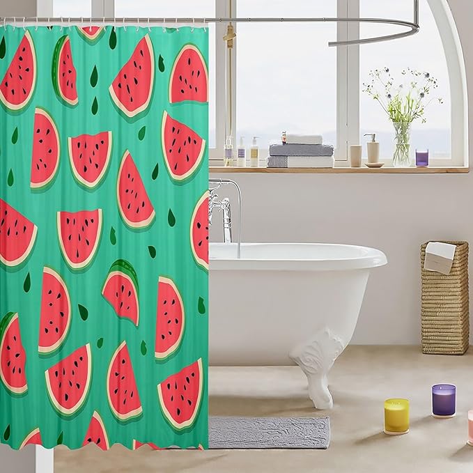 Feelyou Watermelon Shower Curtain Cartoon Watermelon Fabric Shower Curtain for Kids Boys Girls Fruit Bathroom Waterproof Accessories with 12 Hooks Red Green Curtains,72x78 Inches