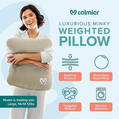 Calmier - 9 lb Sensory Weighted Pillow - Glass Bead Filled Hug Pillow - Ultra Plush Cozy Weighted Pillows for Adults and Kids - Child Sensory Pillow - Weighted Lap Pad (Tan - Minky, 9 LBS)