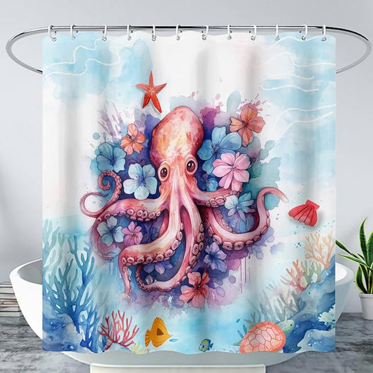 AILONEN Sea Octopuses Shower Curtain Set, Cartoon Octopus with Flowers Waterproof Fabric Shower Curtain,Watercolor Blue Ocean World Cloth Bath Curtain for Bathroom Decor with Hooks,72" Wx72 H
