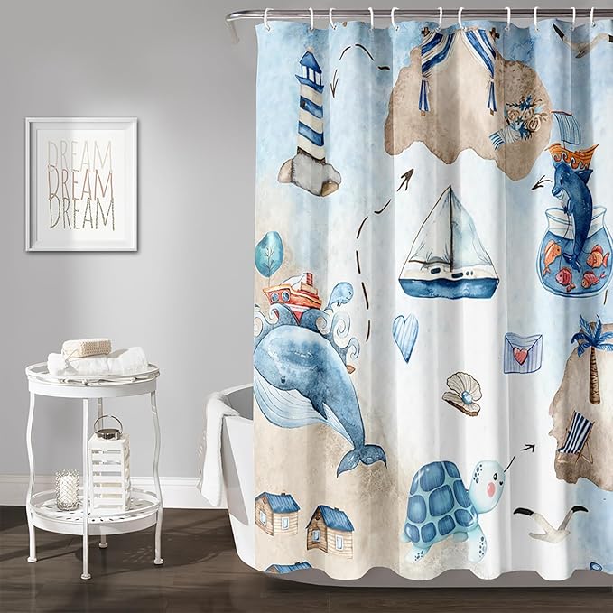 AILONEN Cartoon Dolphin Hower Curtain,Cute Sea Turtle Shower Curtain for Bathroom,Nautical Theme Bath Curtain,Watercolor Blue Waterproof Fabric Shower Curtain Set for Kids Girls,Boys,48" W*72" H