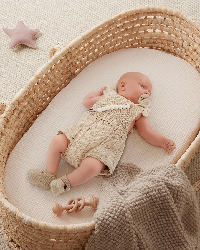 Blissful Diary Muslin Bassinet Sheets for Baby Girls Boys, Boho Soft Cotton Fitted for Oval Hourglass Rectangle Mattress, 2 Pack(Dusty Pink&Cream)