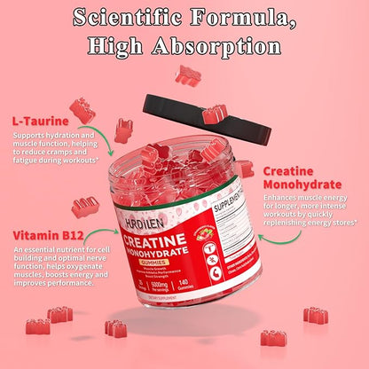 140 Count Creatine Monohydrate Gummies, 5000mg Creatine Monohydrate No Sugar Gummies for Women & Men with L-Taurine, Vitamin B12 for Muscle Strength, Muscle Recovery, Glute Builder, Energy Boost