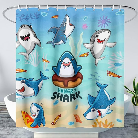 AILONEN Cartoon Shark Shower Curtain,Kawaii Donut Shark with Marine Life Bath Curtain Set for Kids Girls Boys,Fish Seaweed Fabric Shower Curtains for Bathroom, 60" W*72" H