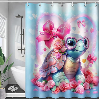 AILONEN Cute Sea Turtle Shower Curtain for Bathroom,Kawaii Turtle Pink Flower Print Bath Curtain 72" W*78" H,Girls Women Modern Decorative Waterproof Curtain with 12 Plastic Hooks