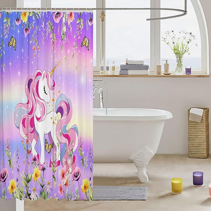 Feelyou Unicorn Bath Curtain Cute Unicorn Shower Curtain Cartoon Unicorn Bathroom Shower Curtain Set for Kids Boys Girls Girl Unicorn Kids Bathroom Accessories 72"x84"