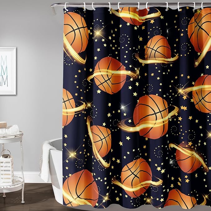 AILONEN Sports Basketball Shower Curtain for Bathroom, Space Planet Ball Print Bath Curtain,Yellow Star Basketball Kids Boys Bathroom Decor Waterproof 72" W*96" H Inch with 12 Plastic Hooks