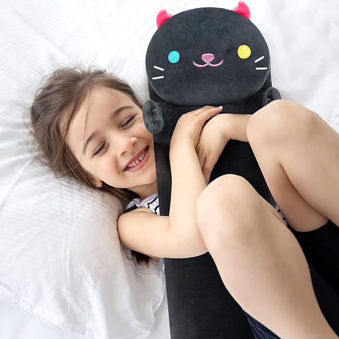 Long Cat Plush Kawaii Kids Plush Toy Pillows, Luminous Light Up Black Cat Stuffed Animals Kawaii Night Light Plushies Body Pillow Glow in The Dark Gift for Girls Boys (28 Inch)