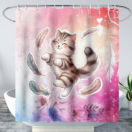 AILONEN Cartoon Cat Shower Curtain,Kawaii Dance Kitten and Feathers Bathroom Curtain Set for Kids Boys,Cute Animal Kittens Waterproof Shower Curtain for Bathroom, 48" W*72" H Pink