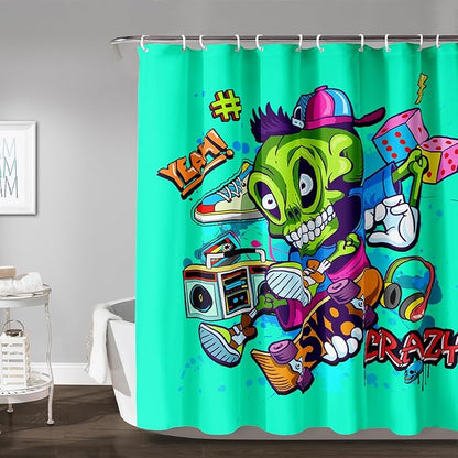 AILONEN Skate Skull Shower Curtain for Bathroom,Green Hip Hop Sport Skull Art Bathroom Curtain for Kids Girls Teen,Bath Curtain 48" W*72" H Polyester Waterproof Bathroom Curtain with 12 Hooks