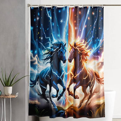 AILONEN 3D Horse Shower Curtain,Bohemian Lightning Galloping Horses Waterproof Fabric Shower Curtains for Bathroom,Animals Theme Bath Curtain Set with Hooks, 72" W*78" H