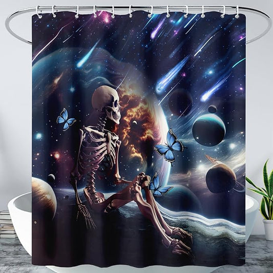 AILONEN Skull Shower Curtain for Kids,Solar System Skeleton Bath Curtain for Bathroom Decor,Galaxy Skull Polyester Waterproof with 12 Plastic Hooks for Boys Girls 72" W*96" H