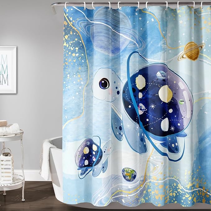 AILONEN Sea Turtle Shower Curtain,Blue Space Planet Turtle Bath Curtain,Watercolor Ocean Turtle Shower Curtain Waterproof for Bathroom Decor with 12 Plastic Hooks, 36" W*72" H