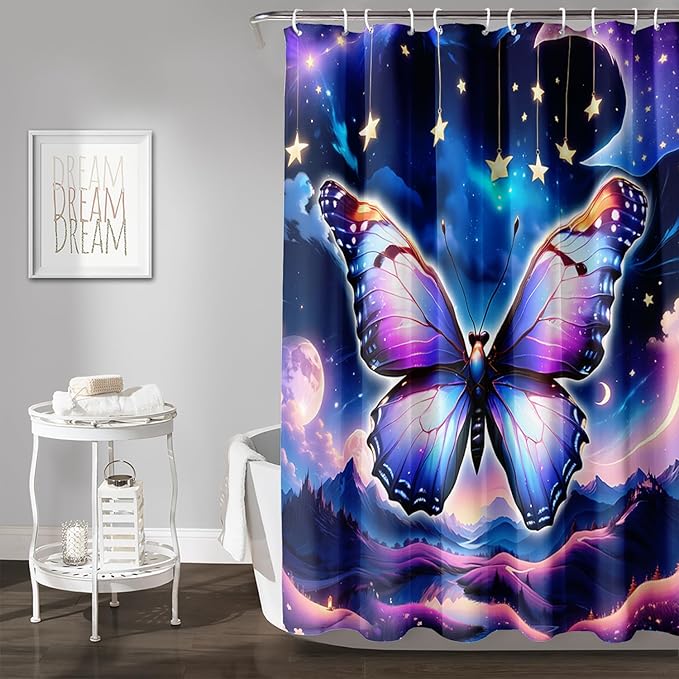AILONEN Butterfly Shower Curtain for Girls, Fairy Purple Clouds Print Starry Butterfly Bath Curtain,Fantasy Moon Butterfly Decoration Bathroom Waterproof Curtain with 12 Plastic Hooks, 48" W*72" H