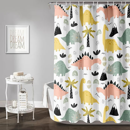 AILONEN Dinosaur Shower Curtain for Kids Boys Girls, Cute Kawaii Dinosaur Bathroom Curtain,Tropic Tree Leaves Printed Bath Curtain 72" W*72" H Polyester Waterproof Bathroom Curtain with 12 Hooks