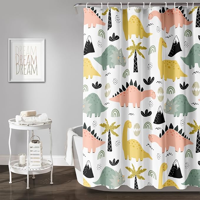 AILONEN Dinosaur Shower Curtain for Kids Boys Girls, Cute Kawaii Dinosaur Bathroom Curtain,Tropic Tree Leaves Printed Bath Curtain 60" W*72" H Polyester Waterproof Bathroom Curtain with 12 Hooks