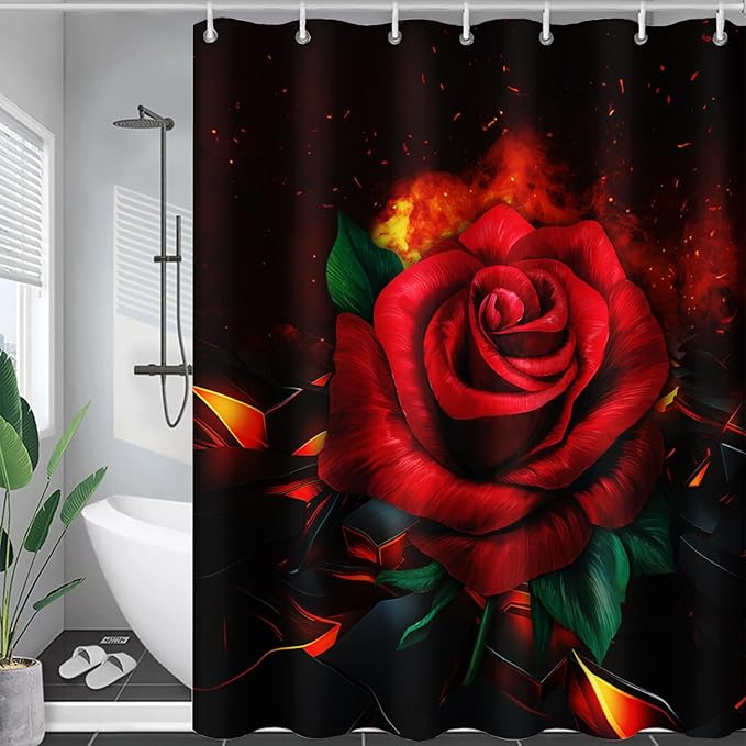 AILONEN Red Rose Shower Curtain for Bathroom, 3D Print Romantic Flower Bath Curtain,Modern Botanical Flame Fire Rose Flower Waterproof Shower Curtain Decoration with 12 Plastic Hooks, 72" W*84" H