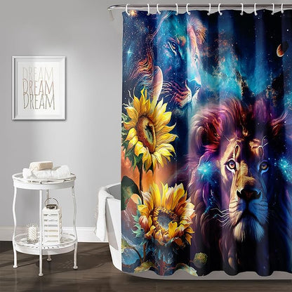AILONEN Lion Shower Curtain for Kids Boys Teens,Galaxy Sunflower Lion Bath Curtain for Bathroom Decor,Modern Romantic Polyester Waterproof with 12 Plastic Hooks 72" W*84" H