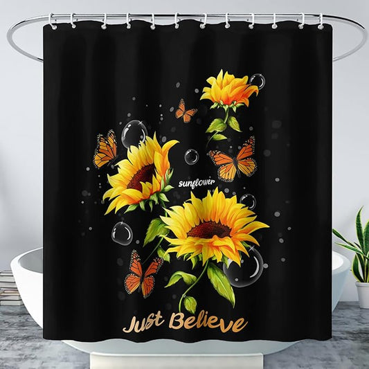 AILONEN Sunflower Shower Curtain for Bathroom,Butterfly Sunflower Bath Curtain Waterproof,Garden Yellow Flower Decor Bathroom Black Curtain with 12 Plastic Hooks, 72" W x 96" H