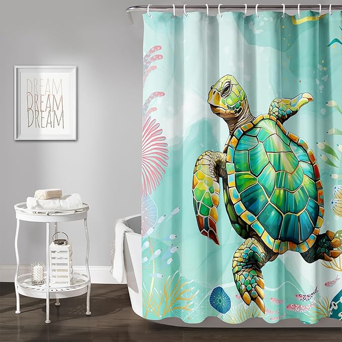 AILONEN Cute Sea Turtle Shower Curtain,Cartoon Turtle with Water Plant Shower Curtain Set for Bathroom,Kawaii Ocean Animal Theme Waterproof Fabric Shower Curtain with Hooks,72" W*78" H