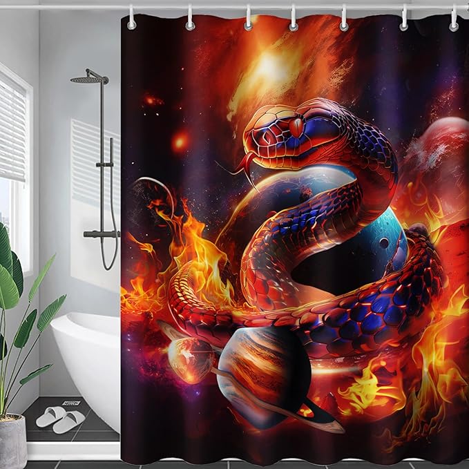 AILONEN 3D Snake Shower Curtain for Boys,Flame Fire Planet Snake Bath Curtain for Bathroom Decor,Safari Animal Polyester Waterproof for Shower, 60" W*72" H with 12 Plastic Hooks