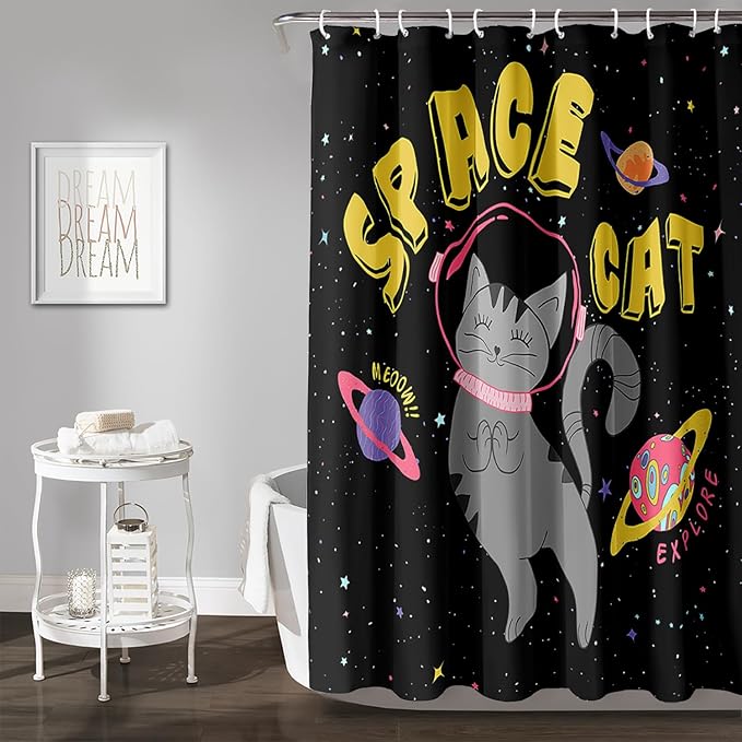 AILONEN Kawaii Cat Shower Curtains,Galaxy Aerospace Cat Bath Curtain for Bathroom,Outer Space Polyester Waterproof with 12 Plastic Hooks 48" W*72" H