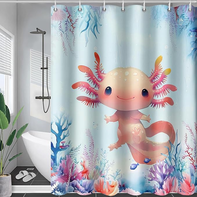 AILONEN Axolotl Shower Curtain for Bathroom,Watercolor Axolotl Coral Bath Curtain for Kids Girls,Ocean Animal Salamander Blue Shower Curtain Decoration Waterproof with 12 Plastic Hooks, 60" W*72" H