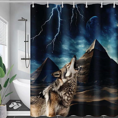AILONEN Howling Wolf Shower Curtain,Retro Pyramid Evening Wolf Bath Curtain,Safari Wolf Curtain for Bathroom Decor,Polyester Waterproof with 12 Plastic Hooks 72" W*96" H