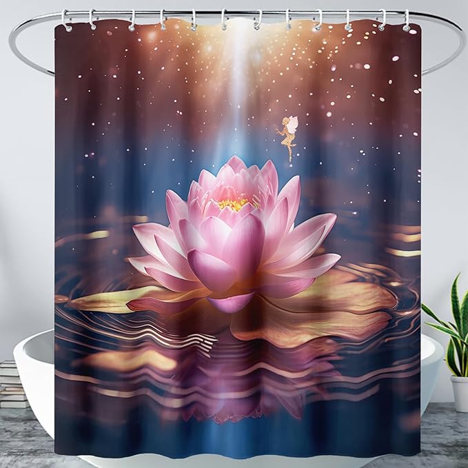 AILONEN Pink Flower Shower Curtain,Galaxy Floral Lotus Flower Bath Curtain,Polyester Waterproof for Bathroom with 12 Plastic Hooks 72" W*96" H