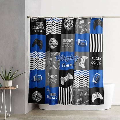 AILONEN Gamepad Shower Curtain,Navy Blue Ball Sports Bathroom Shower Curtain Sets for Boys Kids Teens, 36" W*72" H Gaming Gamer Theme Shower Curtain for Bathroom