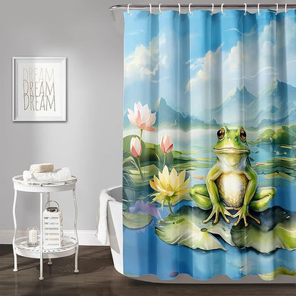 AILONEN Cartoon Frog Shower Curtain Set for Bathroom,Kawaii Green Frog Bath Curtain,Amphibian Animal Shower Curtain,Lotus Flower Waterproof Fabric Shower Curtain with Hooks,60" W*72" H