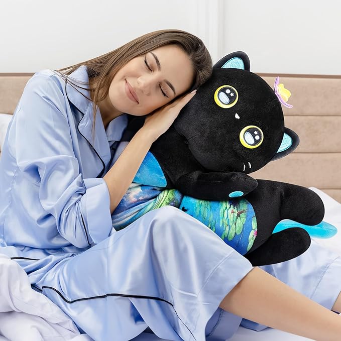 Long Cat Plush Kawaii Kids Plush Toy Pillows, Cute Black Cat Stuffed Animals Soft Plushies, Kitten Big Plush Toys Throw Body Pillow Doll Gift for Girls Boy (Butterfly Black Cat 20 Inches)