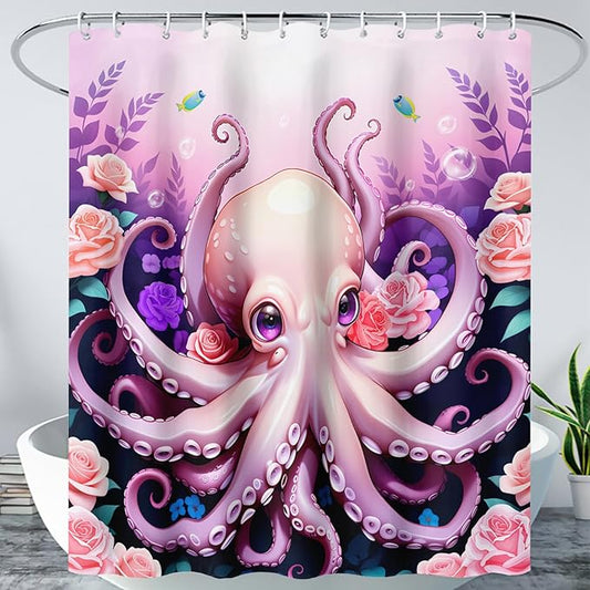 AILONEN Cartoon Pink Octopus Shower Curtain for Bathroom,Cute Octopus with Rose Bath Curtain for Kids,Boys,Girls,Ocean Animal Theme Waterproof Fabric Shower Curtain Set with Hooks,48" W*72" H